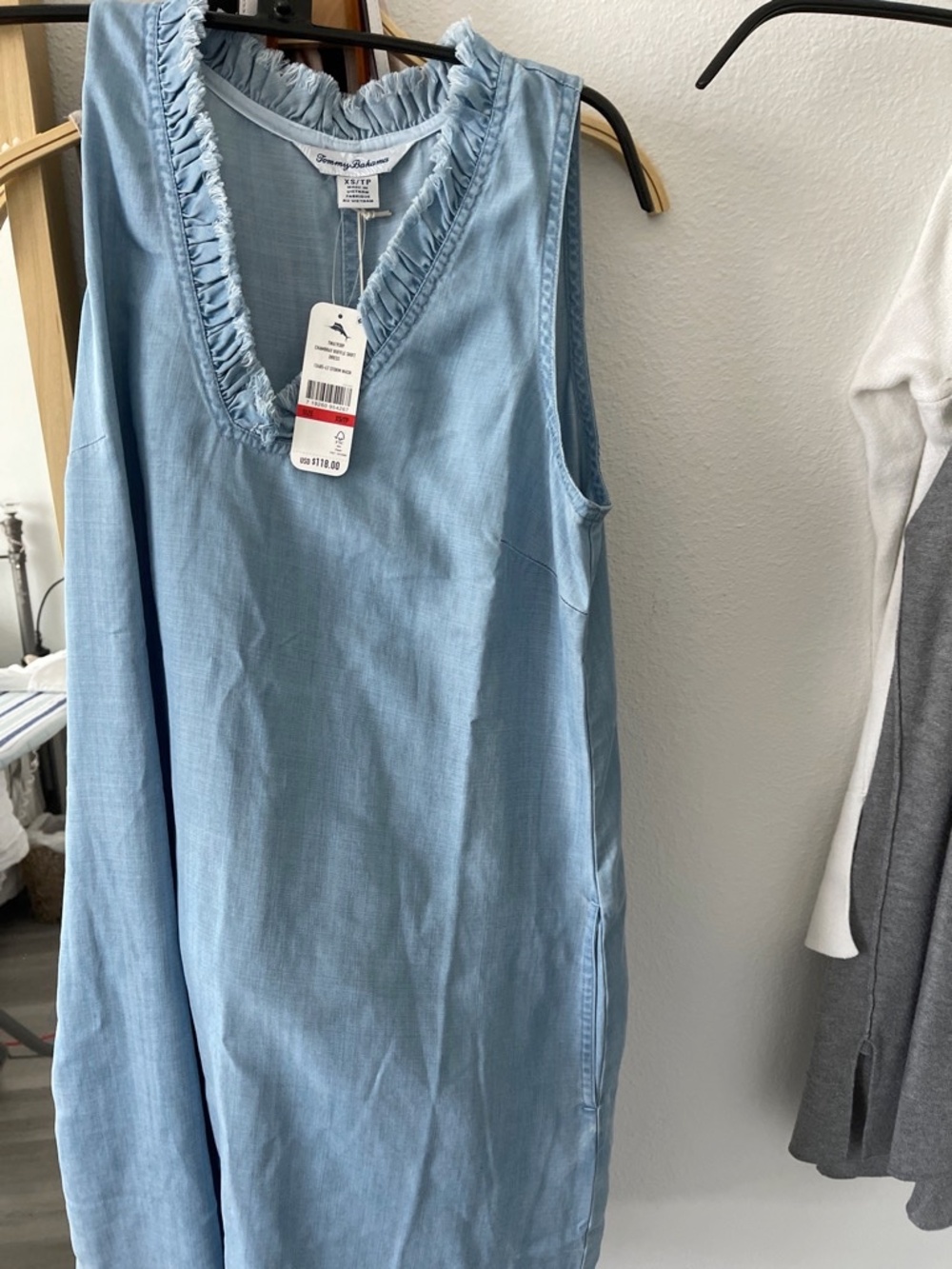 Tommy Bahama Chambray Ruffle Shift XXS Dress ight Storm Wash